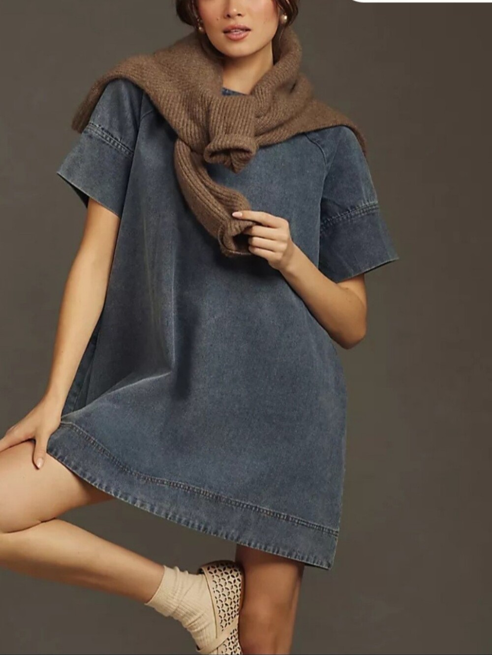 Anthropologie Denim Mini Dress with Brown Knit Detail Sz S
